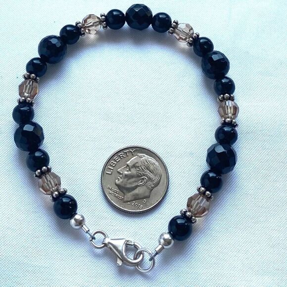 OM# Lovely Sterling 925 Silver with ONYX , Amber& Crystals 7” Bracelet - Picture 8 of 10